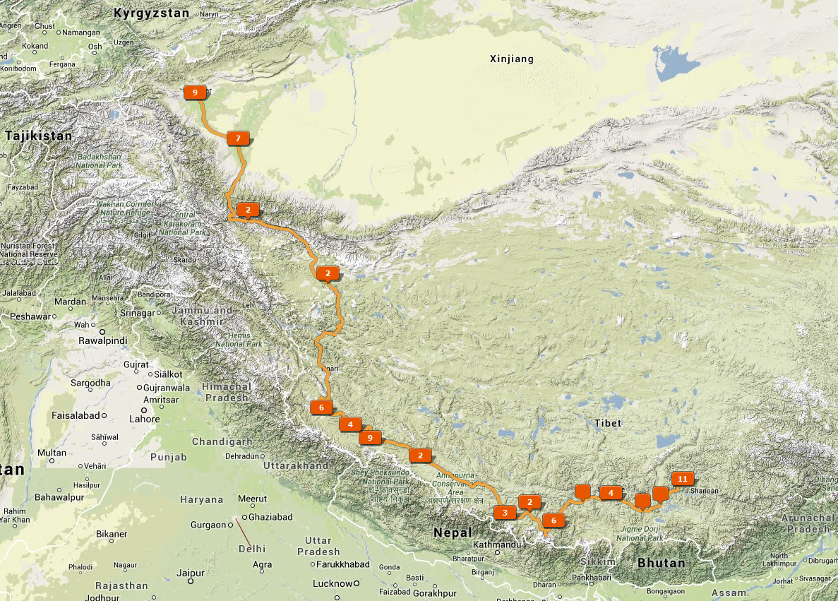 Route Map Lhasa to Kashgar