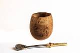Pots, from Many Continents    Small Gourd Pot and Mate Spoon; Bolivia    MUS-2729.jpg  &copy 1990-2015 AJ Rye : pot